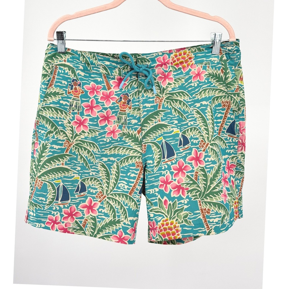 Tori Richard Swim Trunks Mens 34 Teal Floral Hula Mesh Lined Shorts
